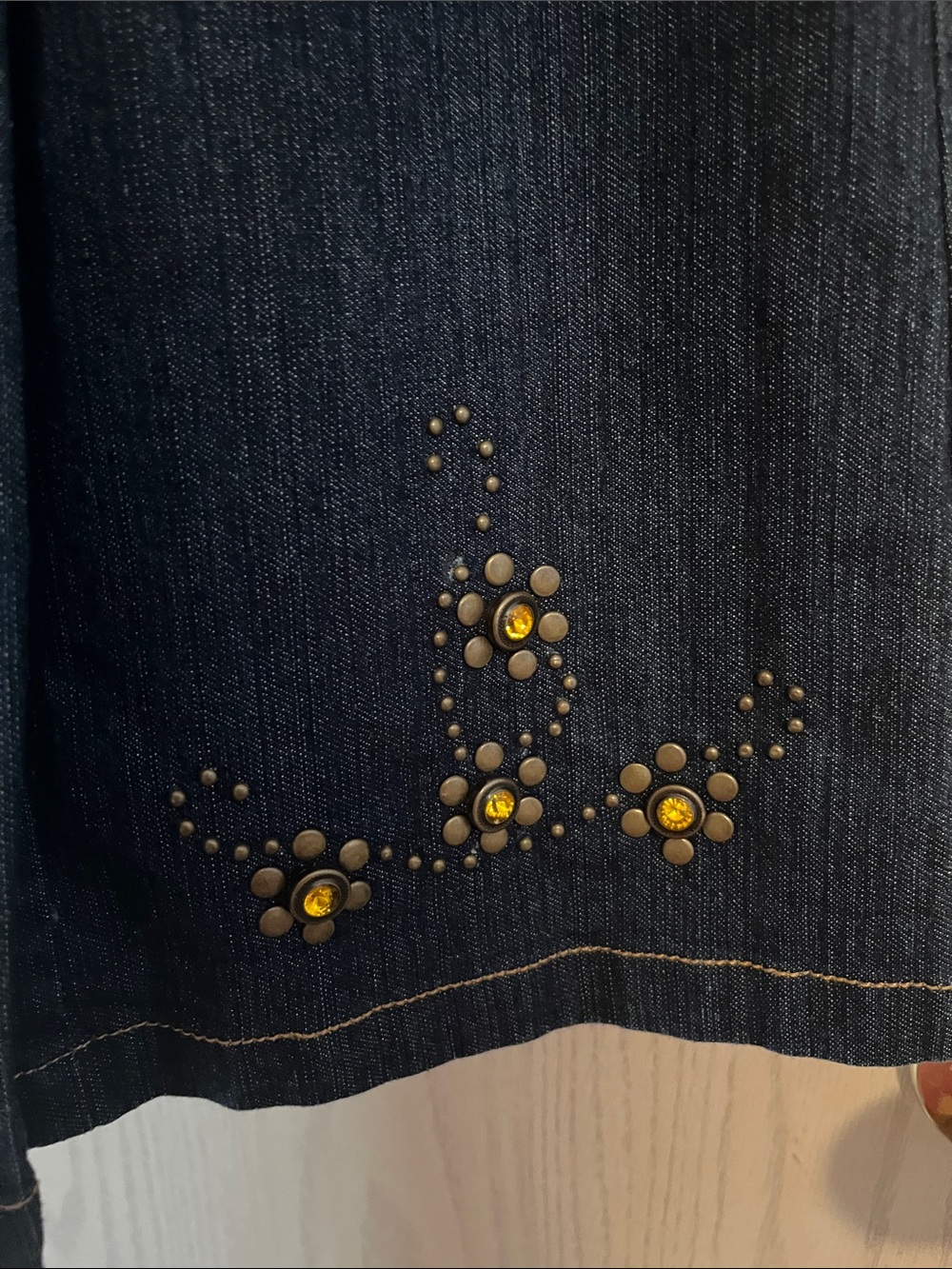 Dark Blue Denim A-Line Skirt with Decorative Stud and Bead Accents - Picture 6 of 11